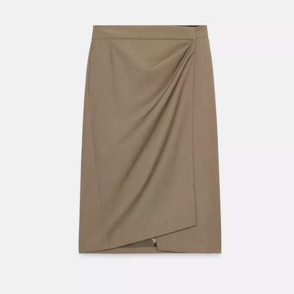 Zara NWT wool blend tan taupe ruched asymmetrical midi skirt - Picture 9 of 11